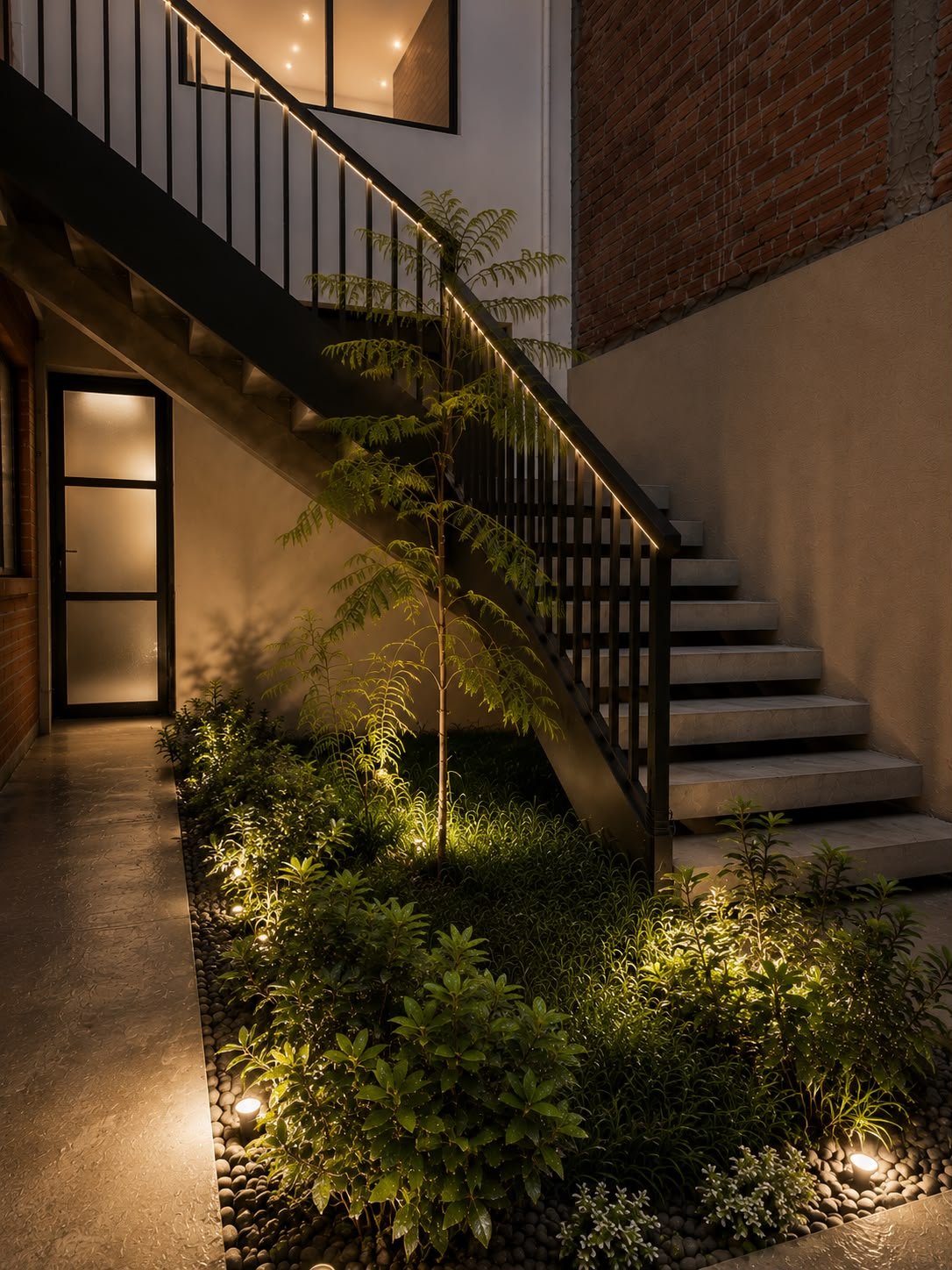 Escalera exterior iluminada y acceso a Casa Jhobe