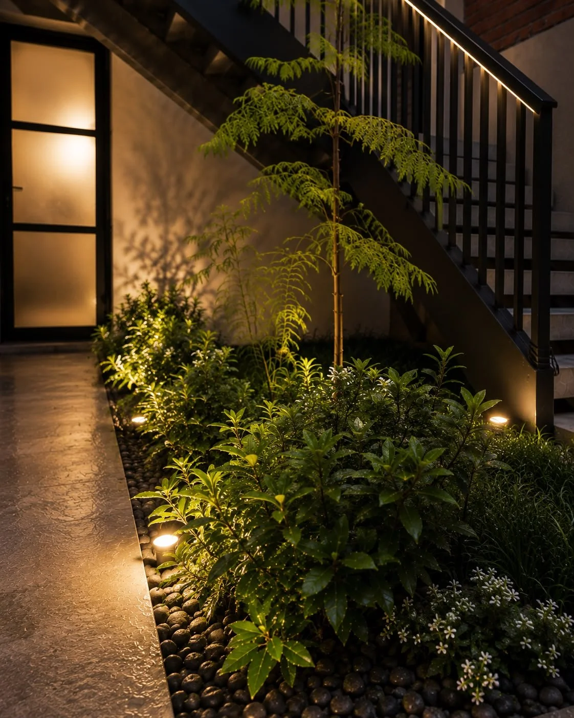 Jardín interior con iluminación debajo de la escalera