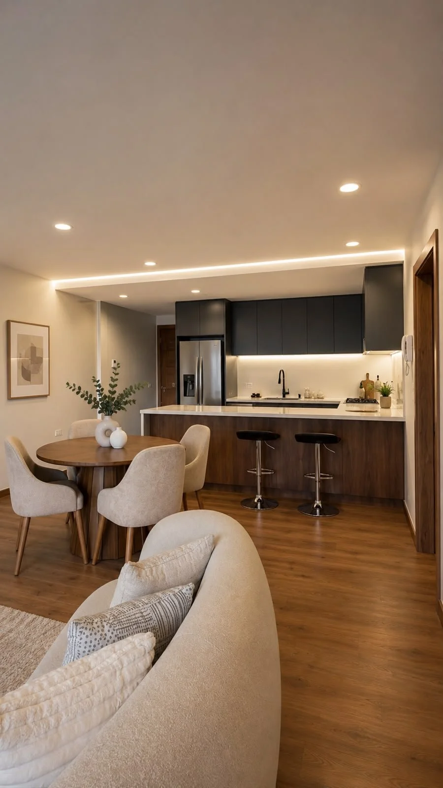 Área social integrada con cocina y comedor