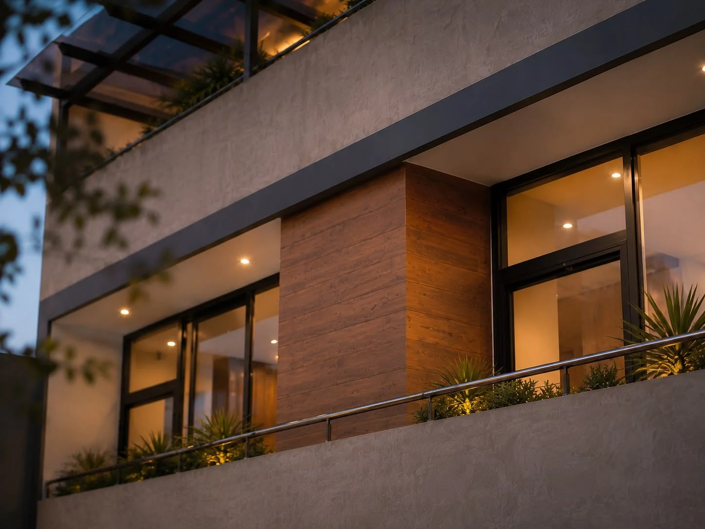 Fachada remodelada de Casa Jhobe en Cuenca al atardecer