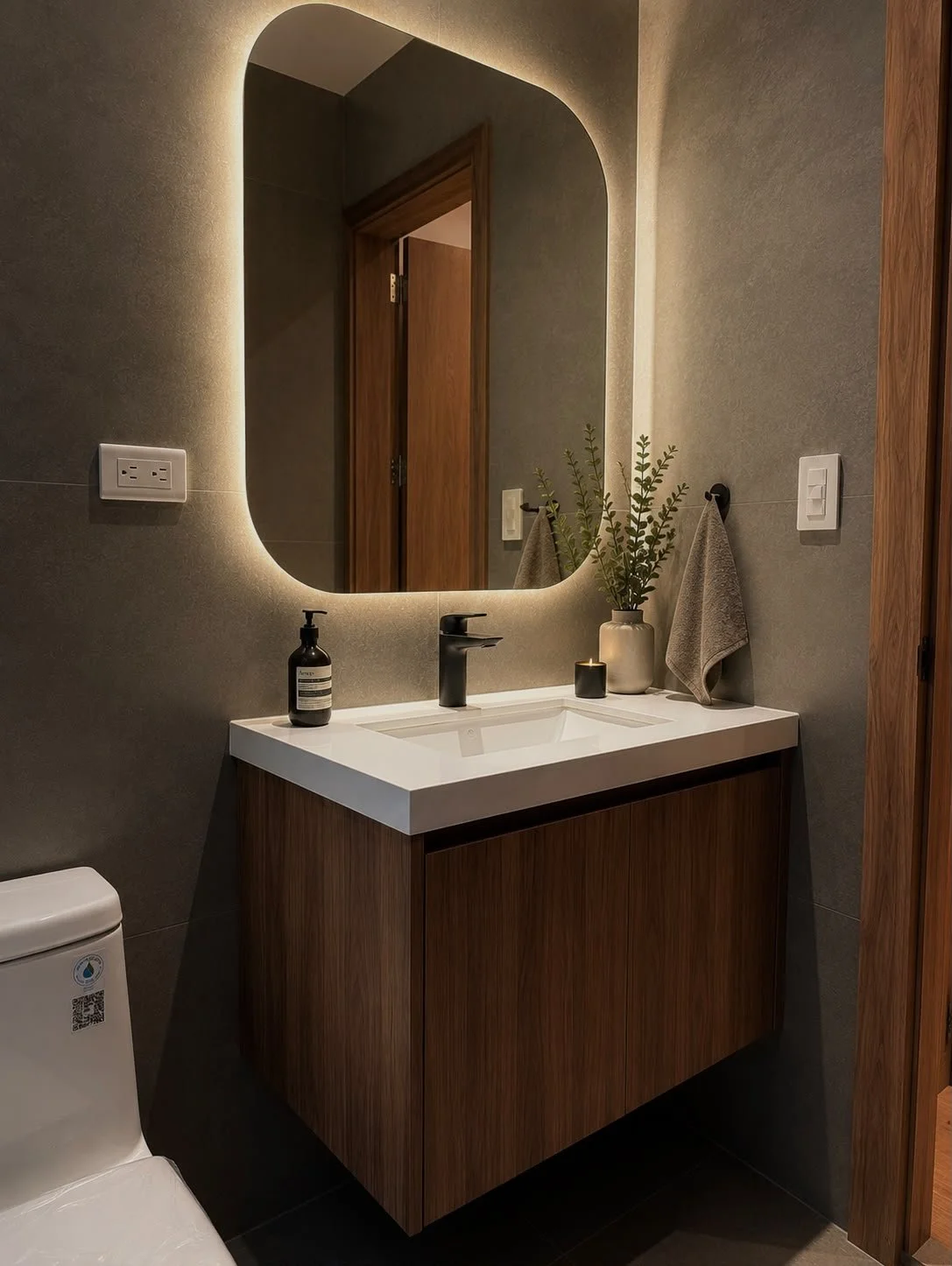 Baño remodelado con mueble de madera y espejo circular