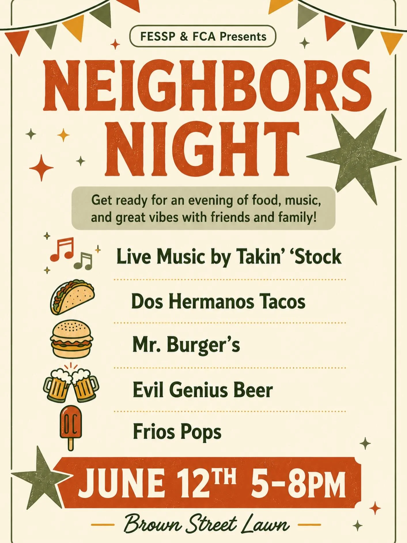 🌟 NEIGHBORS NIGHT 🌟

Join us for a summer evening full of food, music, drinks &amp; community vibes on the Brown Street Lawn! 🍔🌮🍻🍦

🎶 Live music by Takin&rsquo; &lsquo;Stock
🌮 Dos Hermanos Tacos
🍔 Mr. Burger&rsquo;s
🍺 Evil Genius Beer
🍦 Fr