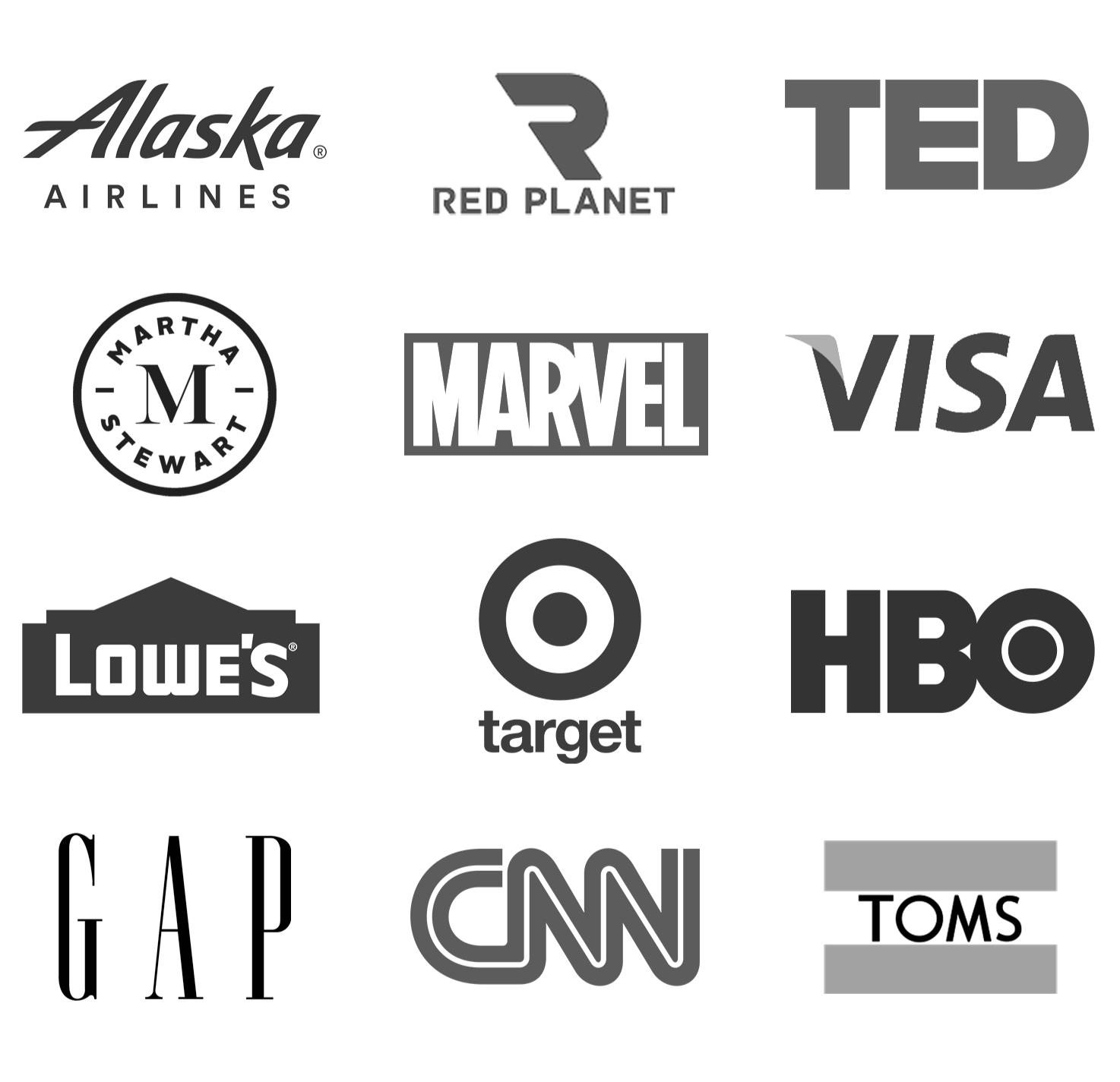 A collage of logos from Alaska Airlines, Red Planet, TED, Martha Stewart, Marvel, Visa, Lowe's, Target, Gap, CNN, and three horizontal bars.