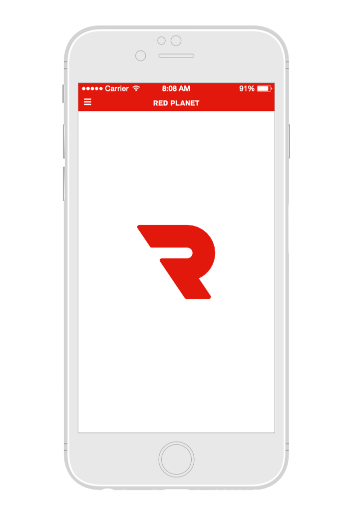 Smartphone displaying a red logo resembling a stylized letter 'R' on a white background, with a red top bar labeled 'RED PLANET' and icons for signal, Wi-Fi, time, and battery life.
