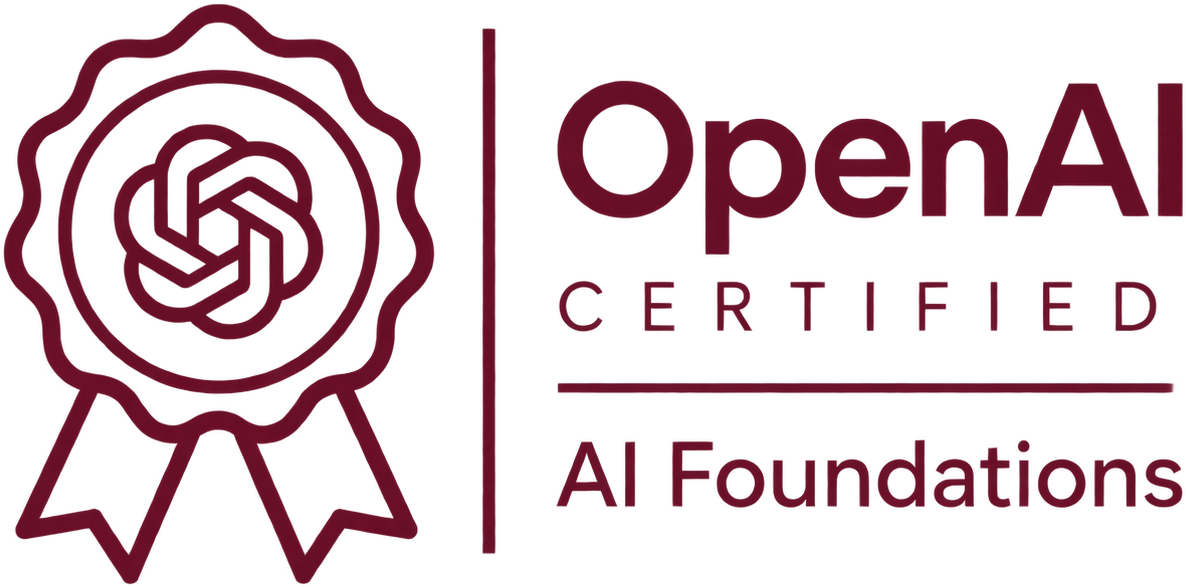 OpenAI Certified AI Foundations badge logo with a ribbon inside a circular seal and text indicating certification in artificial intelligence foundations.