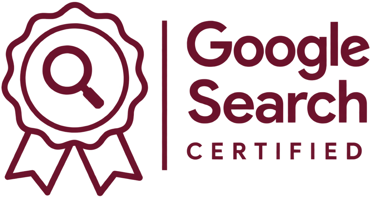 Google Search Certified badge with a magnifying glass icon inside a ribbon