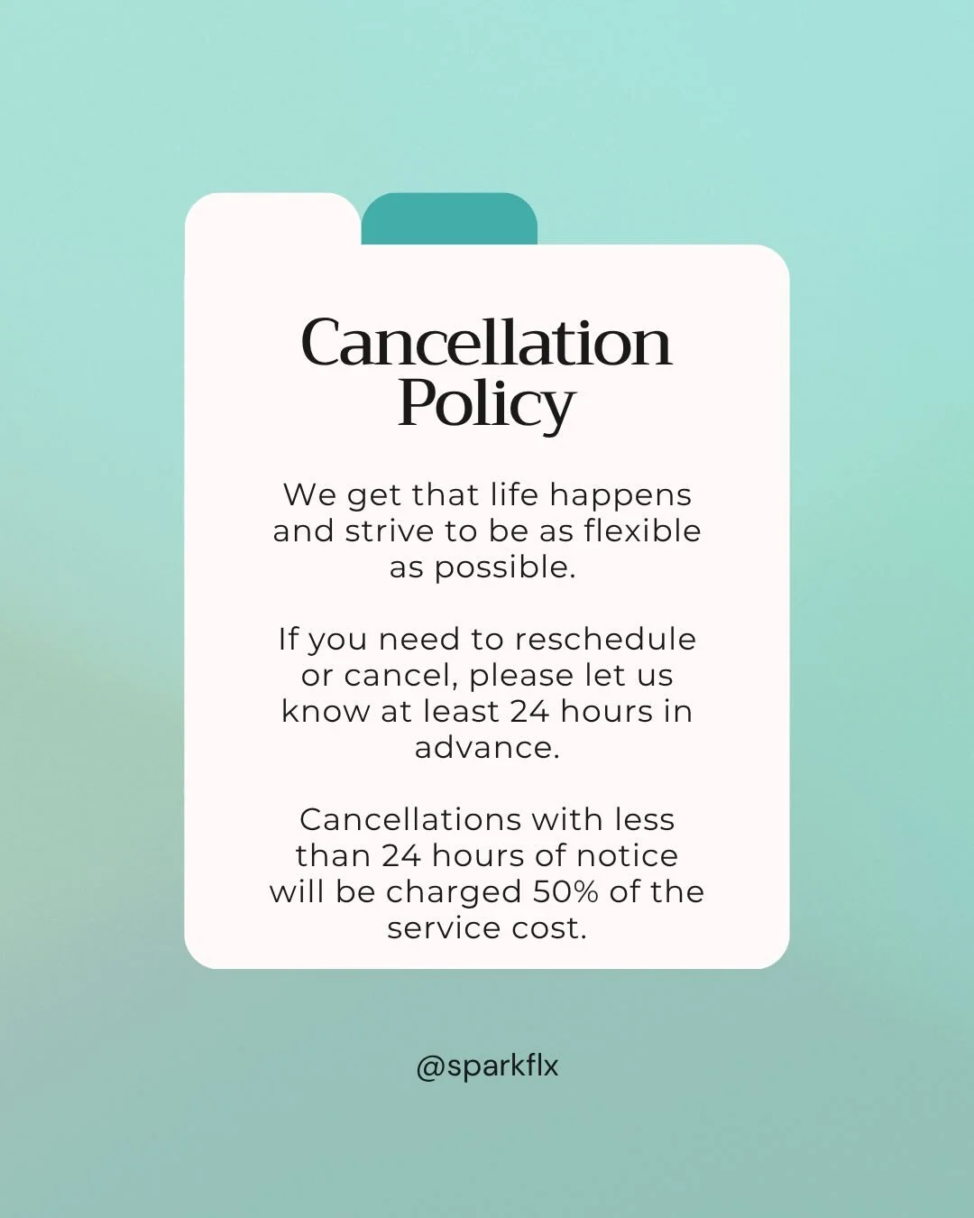 We value your time and understand that things happen, people get sick, and traffic sucks. 

In order to ensure that we can maintain the standard of care that you expect, we ask that you give us 24 hours notice if you need to reschedule or cancel your