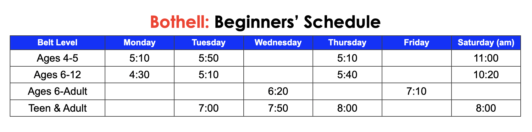 Bothell Taekwondo Beginners' Class Schedule
