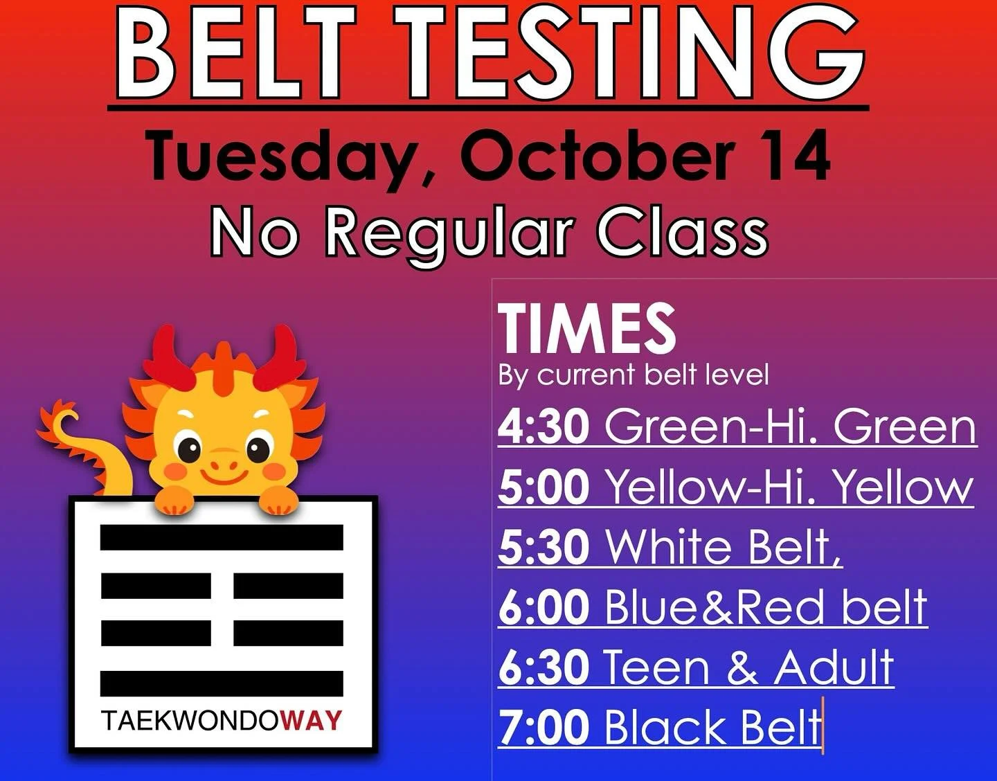 Tomorrow is testing day, so there will be no regular classes. Please keep that in mind😉