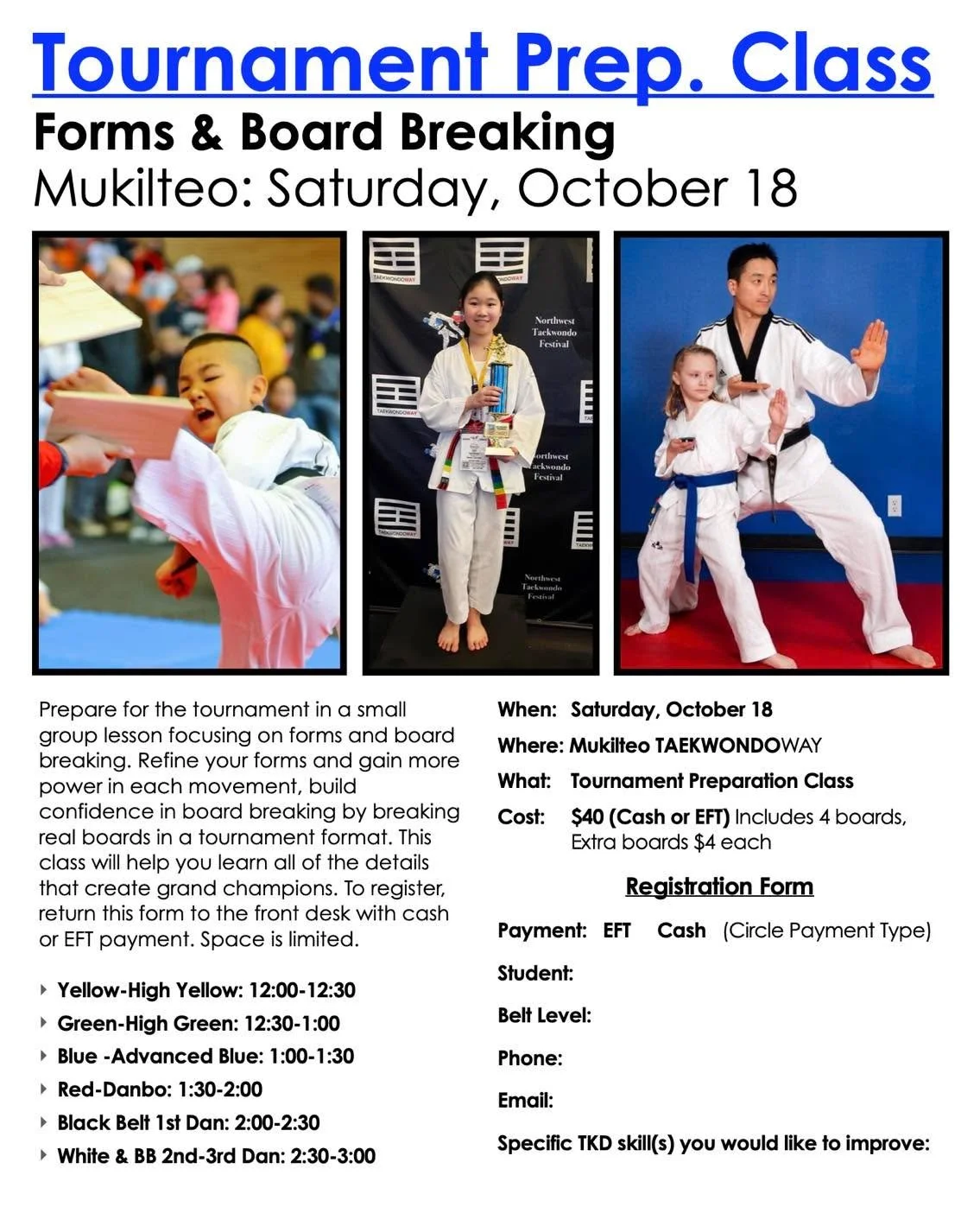 This Saturday we are hosting “Tournament Prep.” classes at our Mukilteo location. In these small group lessons you will practice your poomsae and tournament board breaking. This is a great way to build confidence before competing in Novem