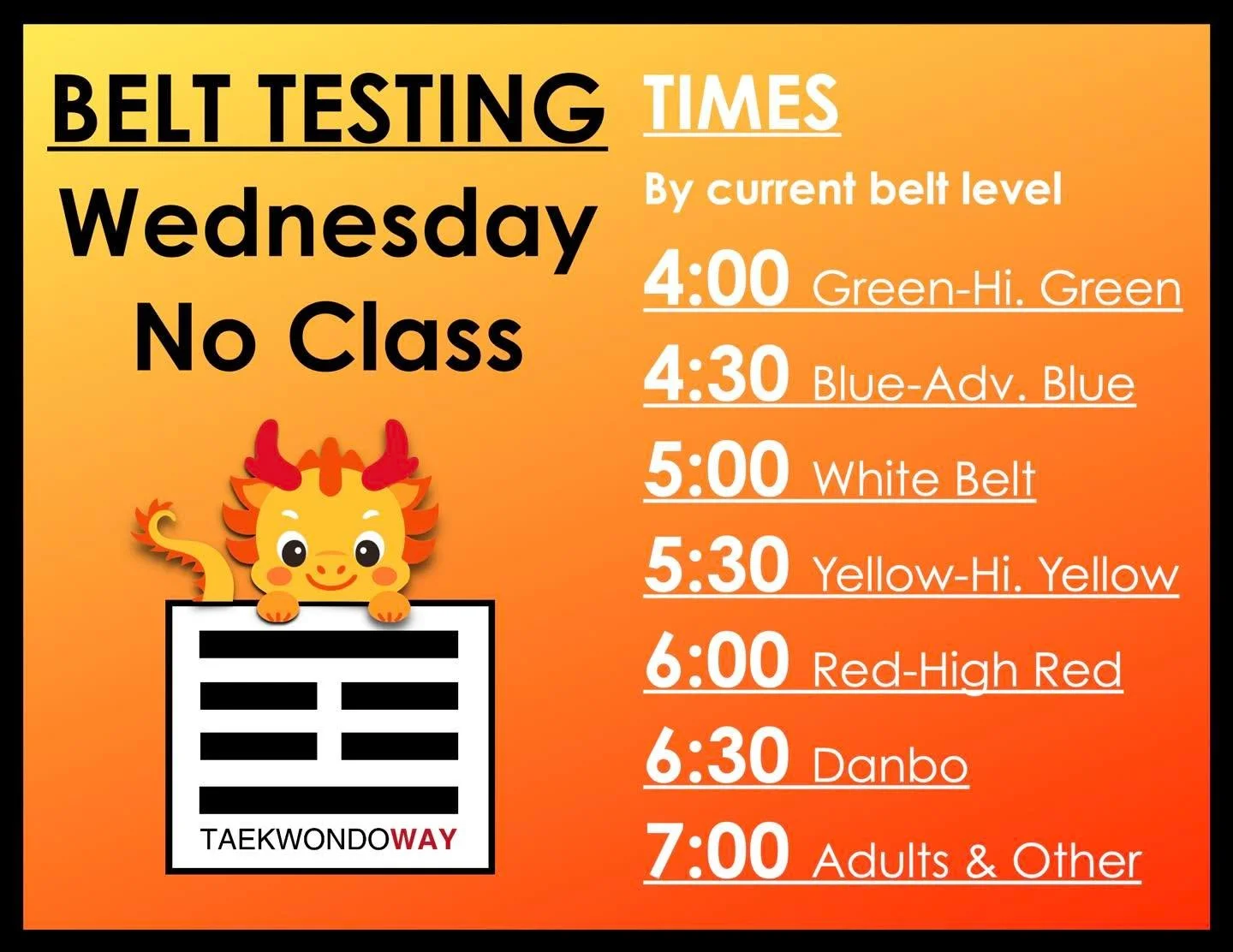 The last belt test of the year is this Wednesday (12/10/25). Black Belts should bring their full sparring gear this week.