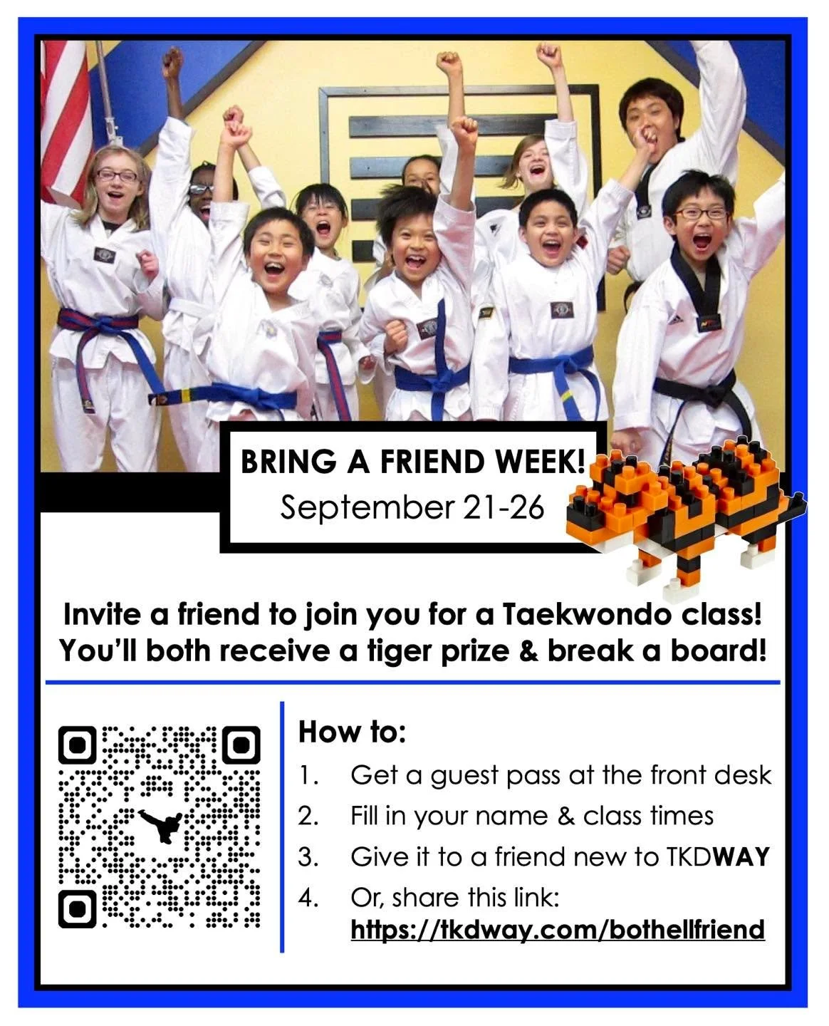 Invite a friend to attend class with you next week! In class you will help your friend learn the basic skills of Taekwondo, and you&rsquo;ll both get to break a board! You can attend your own belt level class together, or, they can attend on their ow