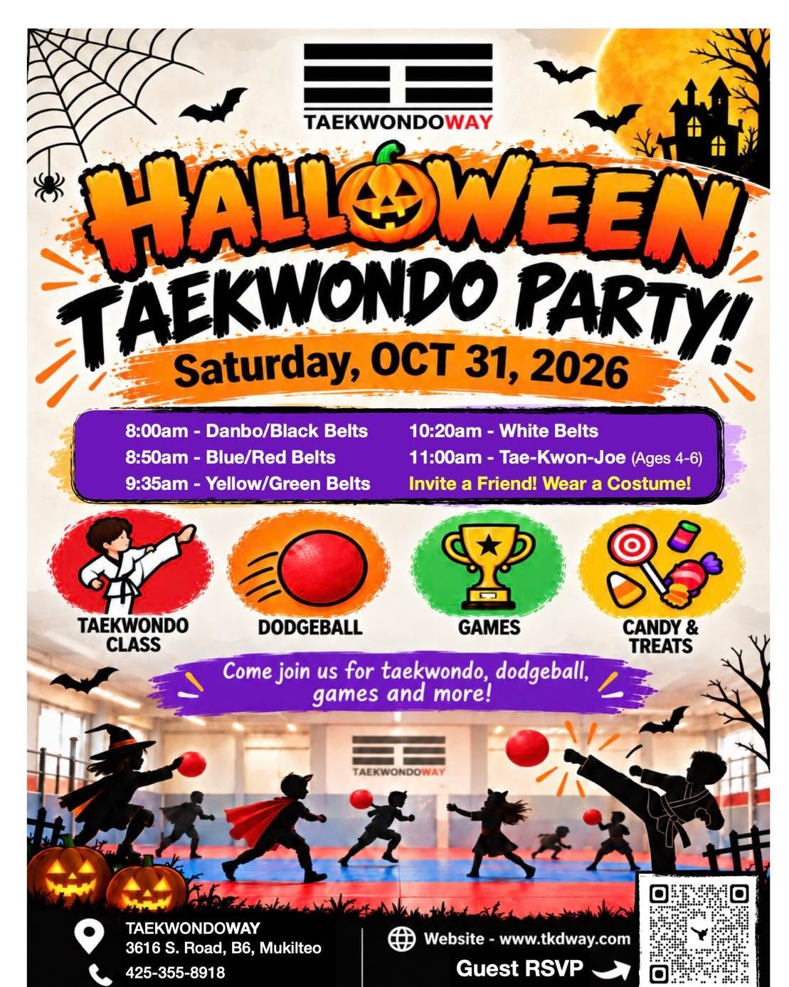In class on Halloween day students are welcome to come in costume and bring a friend! There will be Taekwondo, dodgeball, games, and treats!