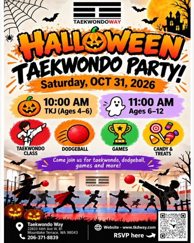 Spooky Season is Here!! 🎃 👻
Join us the morning of the 31st for Taekwondo, Dodgeball, and scary 😱 amounts of candy at our Mountlake Terrace location.

You are welcome to come in costume/uniform🥋 and bring your friends! 

#mountlaketerrace #taekwo
