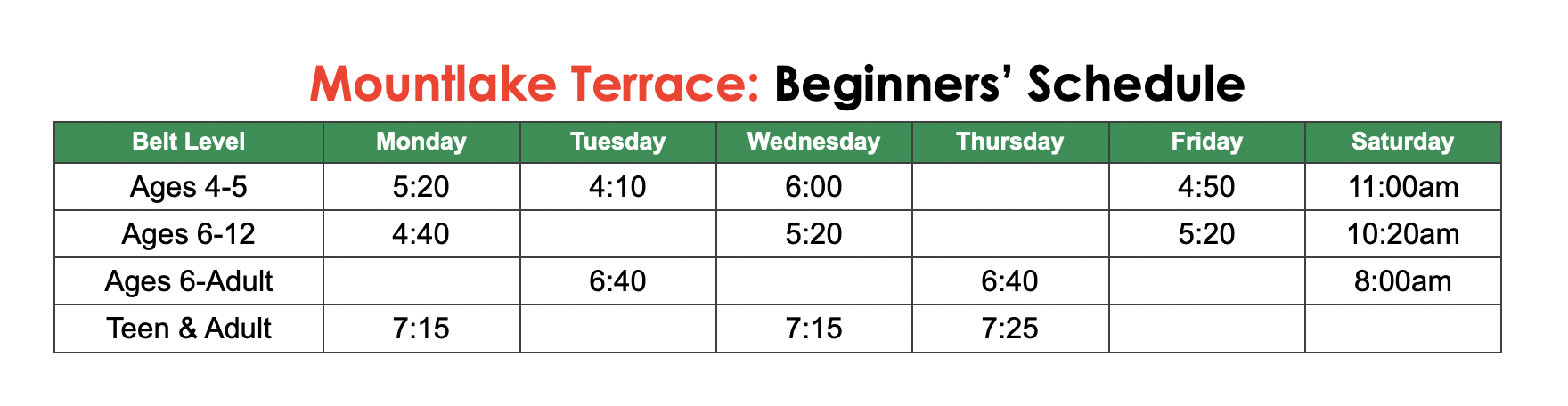 Mountlake Terrace Taekwondo Starting Schedule