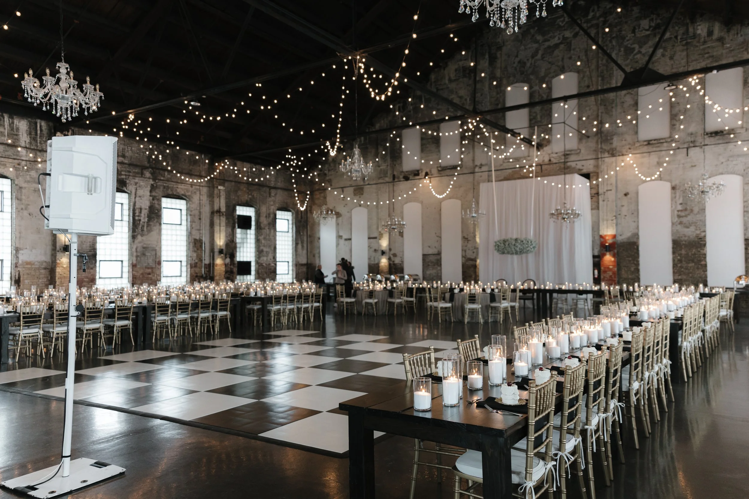 A picture of Blacksmith Main, an industrial wedding venue located at Northern Pacific Center in Brainerd, Minnesota. This elegant space was once a Blacksmith shop for the former repair shop of the Northern Pacific Railway