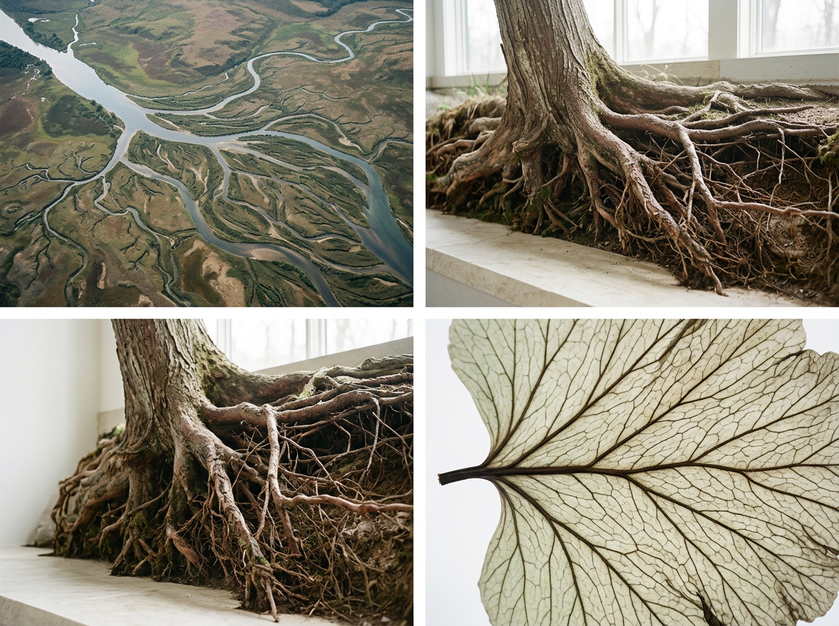 Composite image showing a river delta, a close-up of a tree root system inside a building, and a detailed leaf with visible veins.