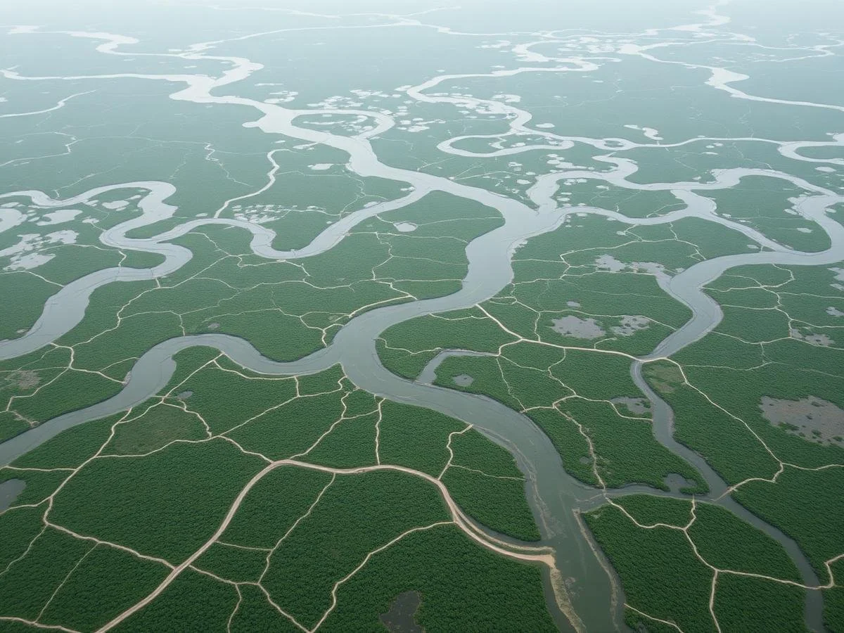 Aerial view of winding rivers and interconnected waterways over lush green landscape, with some areas flooded.
