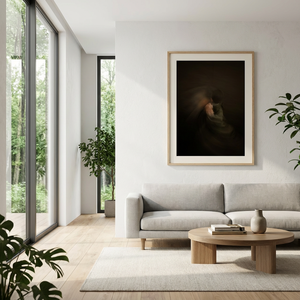 En moderne stue med store vinduer som vender ut mot en grønn natur. Det er en lys grå sofa og et rundt lite trebord med bøker og en vase. Veggen har et stort, mørkt bilde i en enkel ramme, og det er grønne planter i hjørnet.