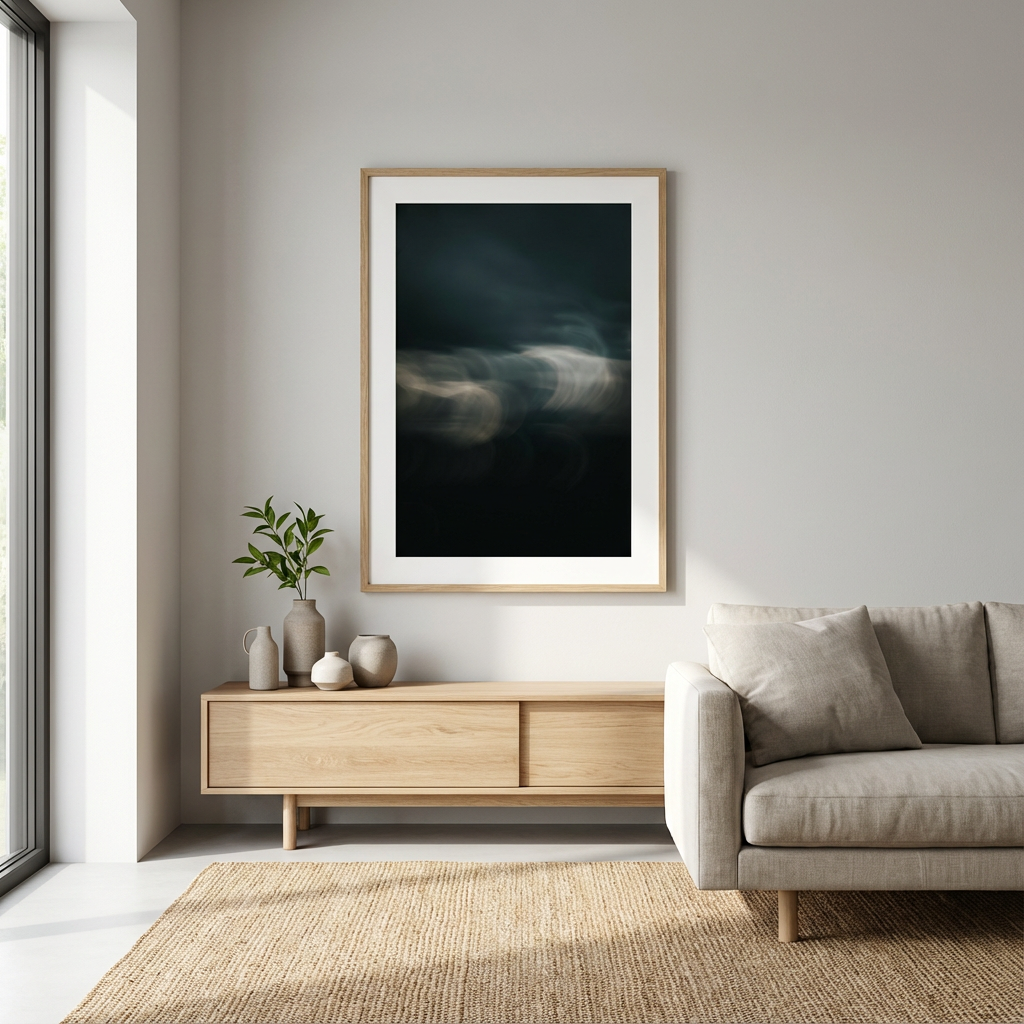 Stue med minimalistisk design, lys trebord med vaser og grønt blad, beige sofa med pute, stort kunstverk på hvit vegg, naturlig lys fra stort vindu, beige teppe.