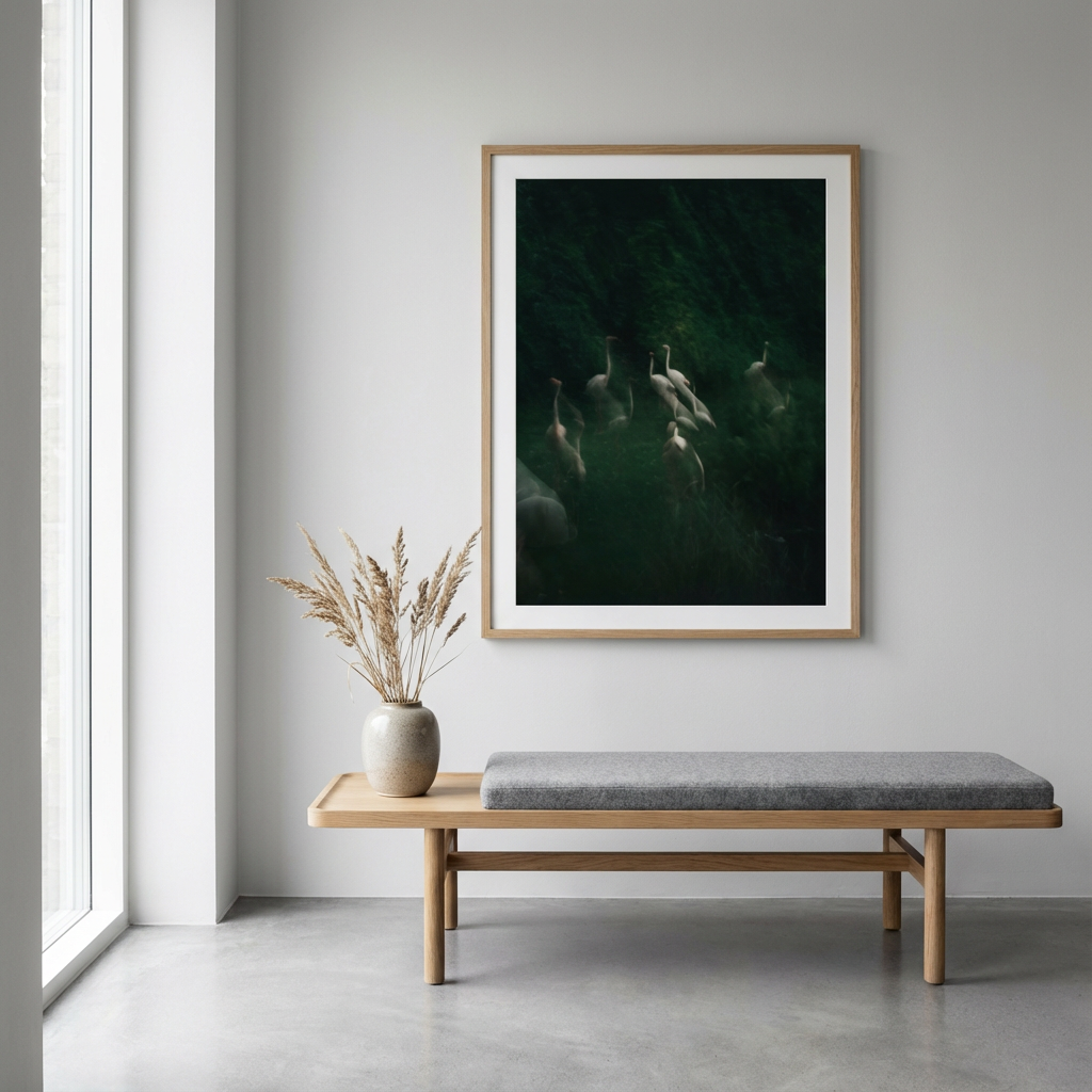 Innendørs scene med en vegg hvor det henger et fotografie av svanee i naturen, et lite trebenk med en vase med tørre blomster og en pute.