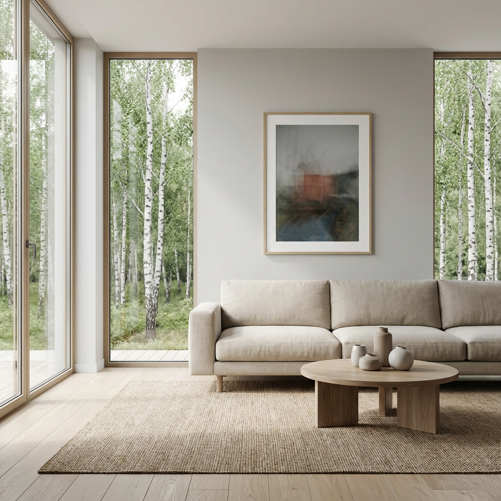 Lys beige stue med sofa, tre keramikkvaser på rundt trebord, store vinduer med utsikt over en skog av bjørketrær.