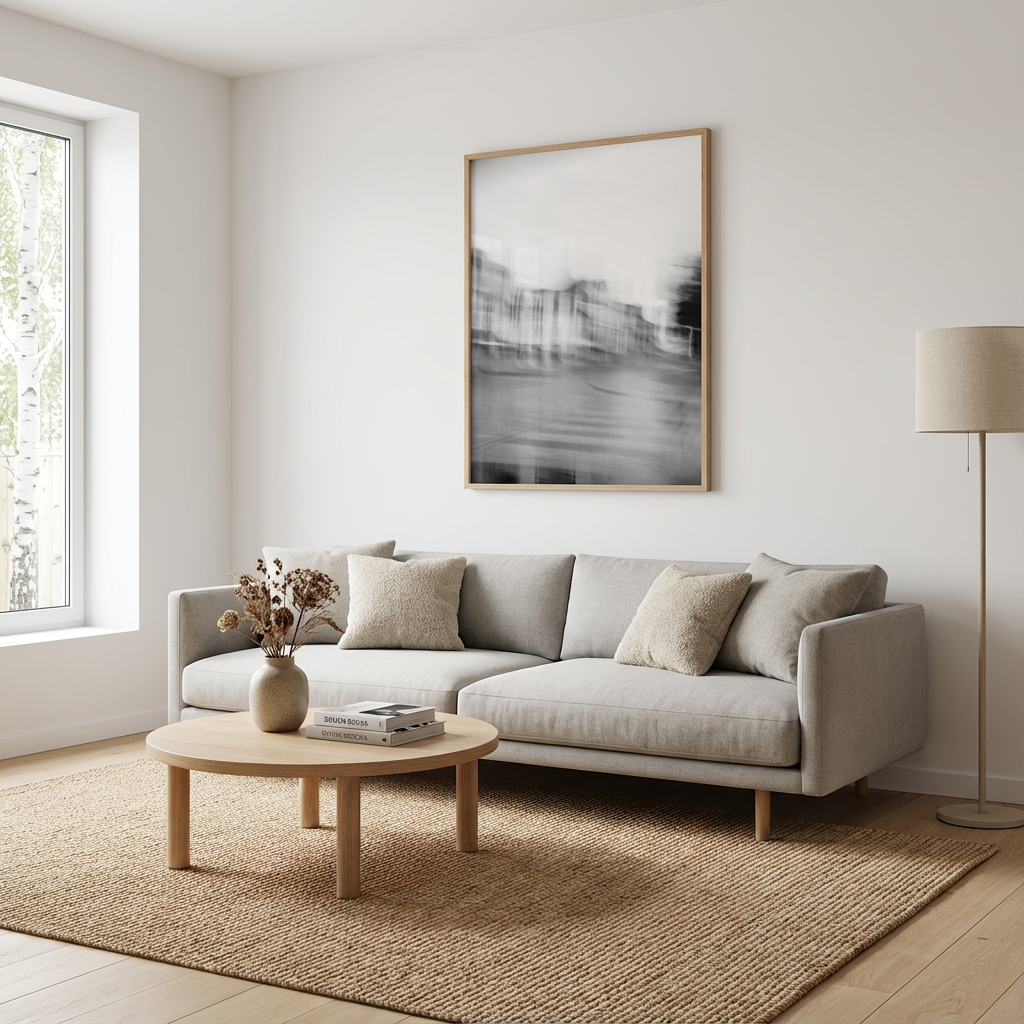 Stue med lys grå sofa, vas med tørkede blomster, rund trebord, stor svart-hvitt kunstverk på vegg, gulvlampe, store vindu med utsikt til trær.