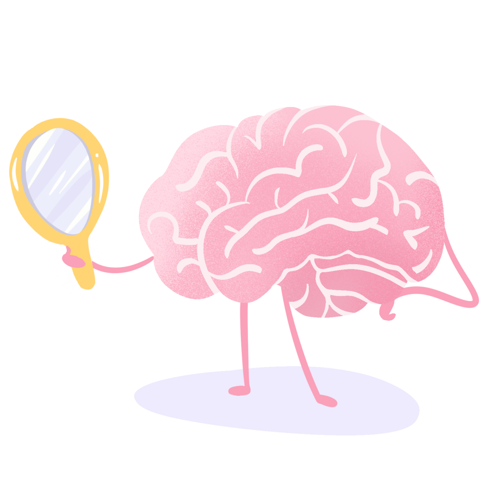A pink cartoon brain with legs holding a mirror