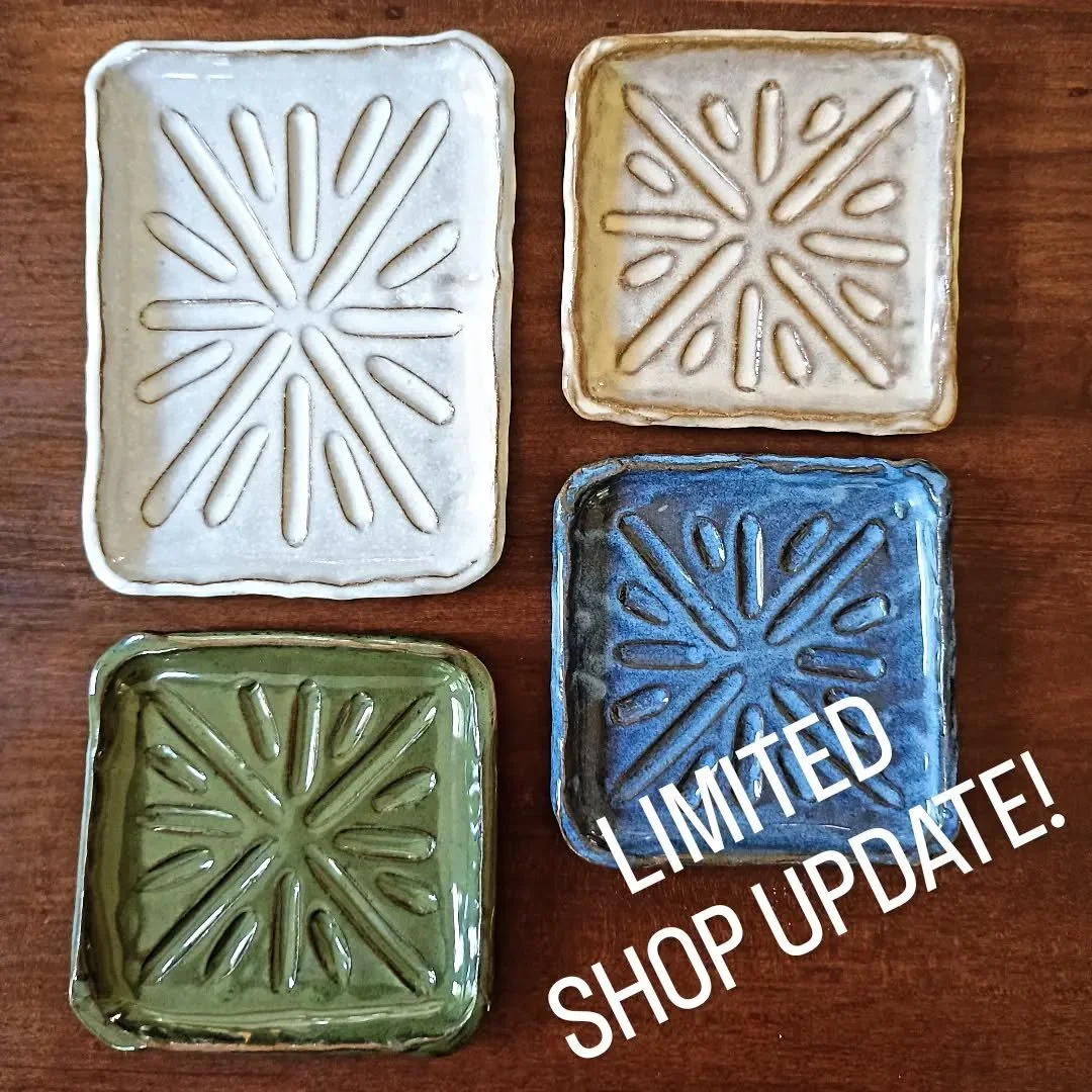 Stay tuned for a *LIMITED* online shop update on my website tomorrow (7/16) at 7pm Eastern.  Linked in my bio.

Limited because I got cocky with the kiln and she showed me her mighty wrath. 

But the soap dishes came out great!  And a handful of Blue