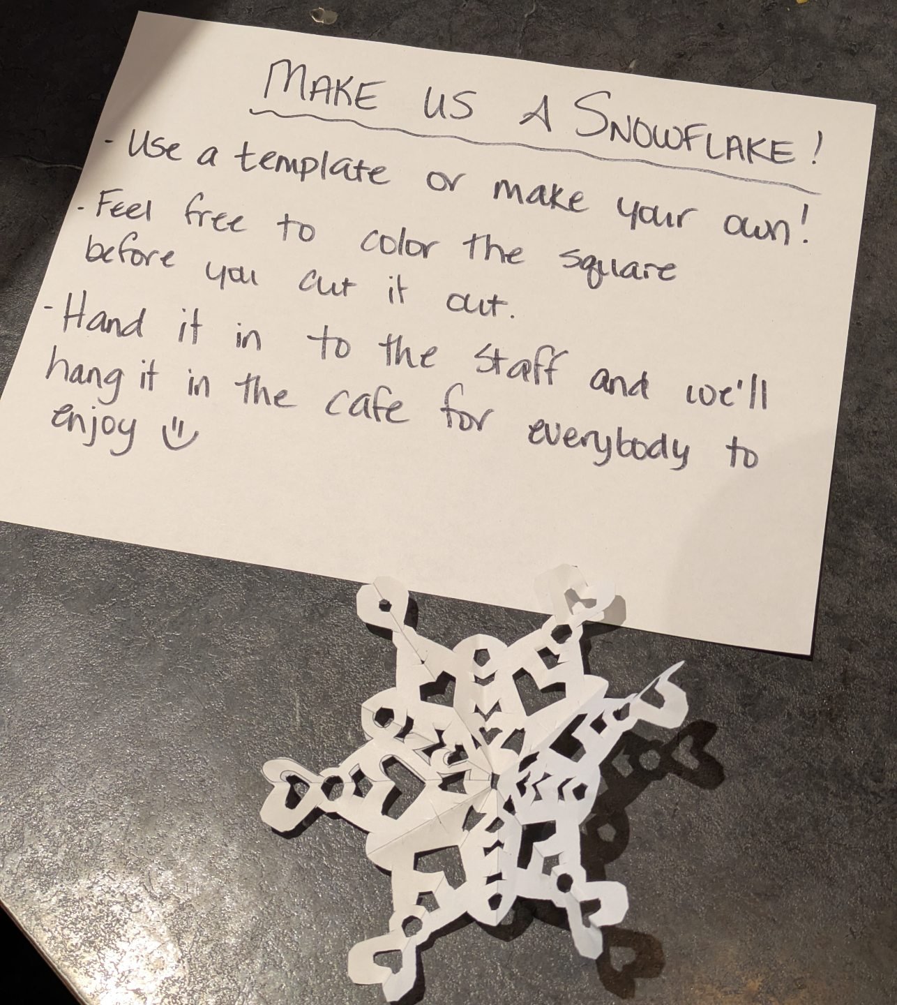 Help us with our decorations! We have snowflake templates printed out, we'd love if you cut one out so we can hang it in the cafe. All ages and skill levels welcome 

#yeg #yegcafe #yegsmallbusiness #yegcoffee #supportlocalart #supportmakers #support