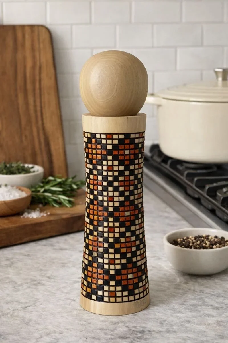 A tall wooden mosaic salt or pepper grinder with a spherical top, placed on a kitchen countertop.