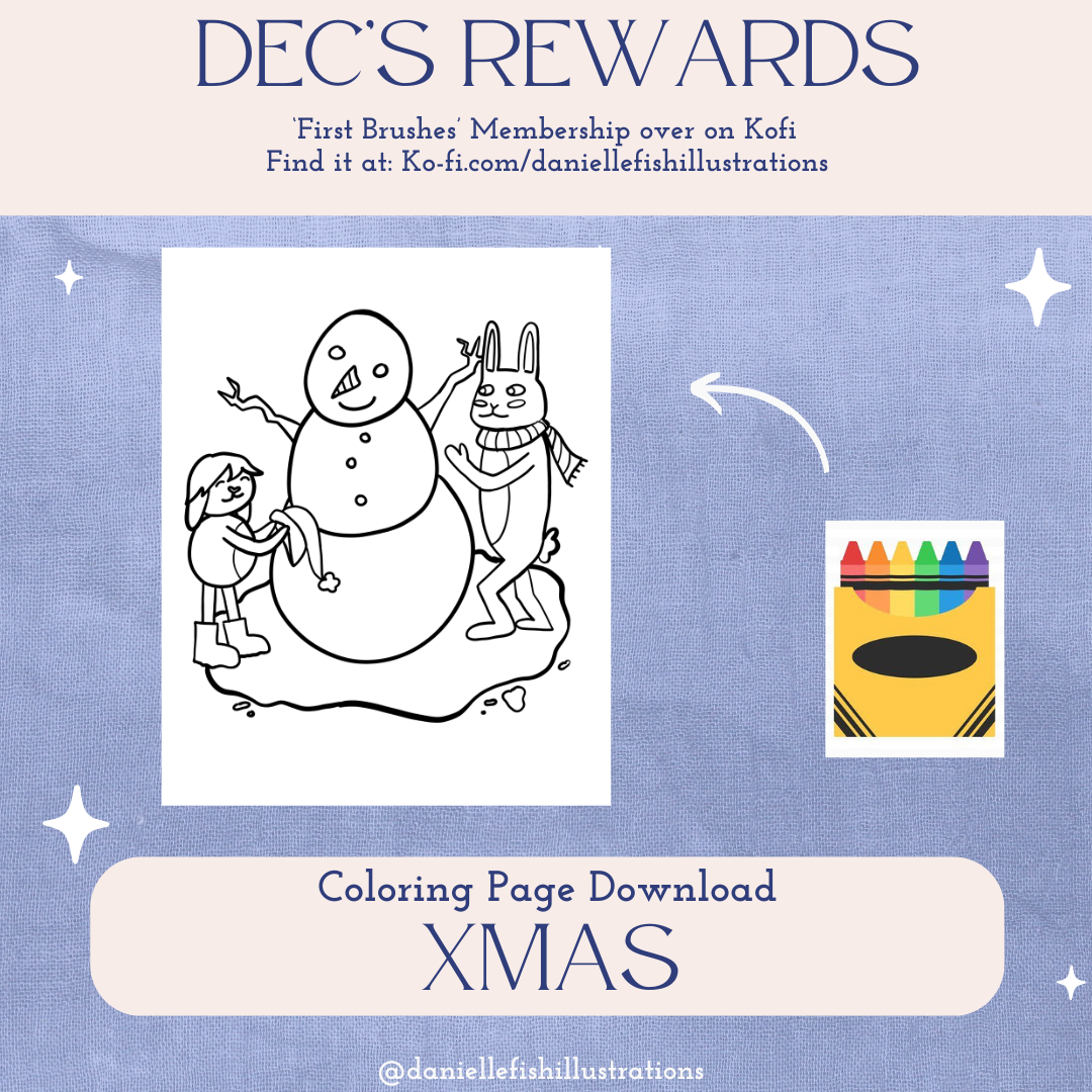 A coloring page featuring a snowman with two animal friends, one with rabbit ears and another with a beak, standing on a snowy ground. The page is part of a Christmas-themed reward offer.