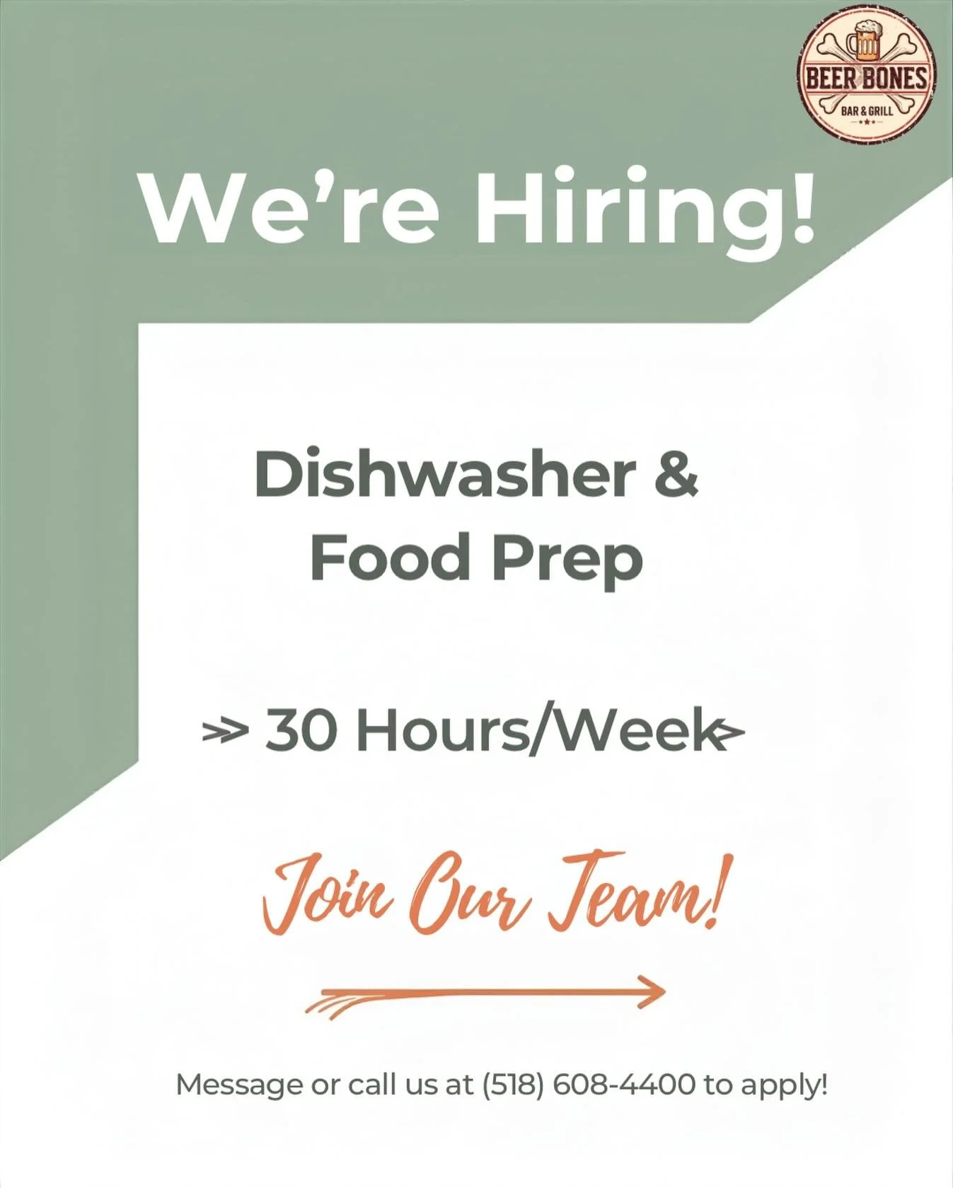 We&rsquo;re hiring! Looking for a dishwasher and food prep worker. Please call or message if interested.