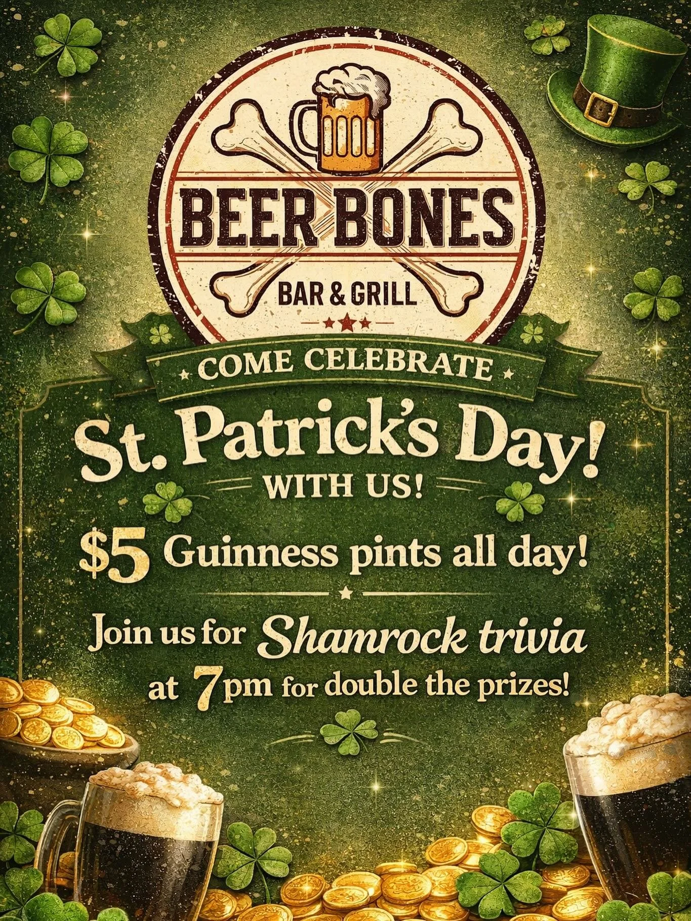 Come celebrate St. Patrick&rsquo;s Day with us! $5 Guinness pints all day🍀