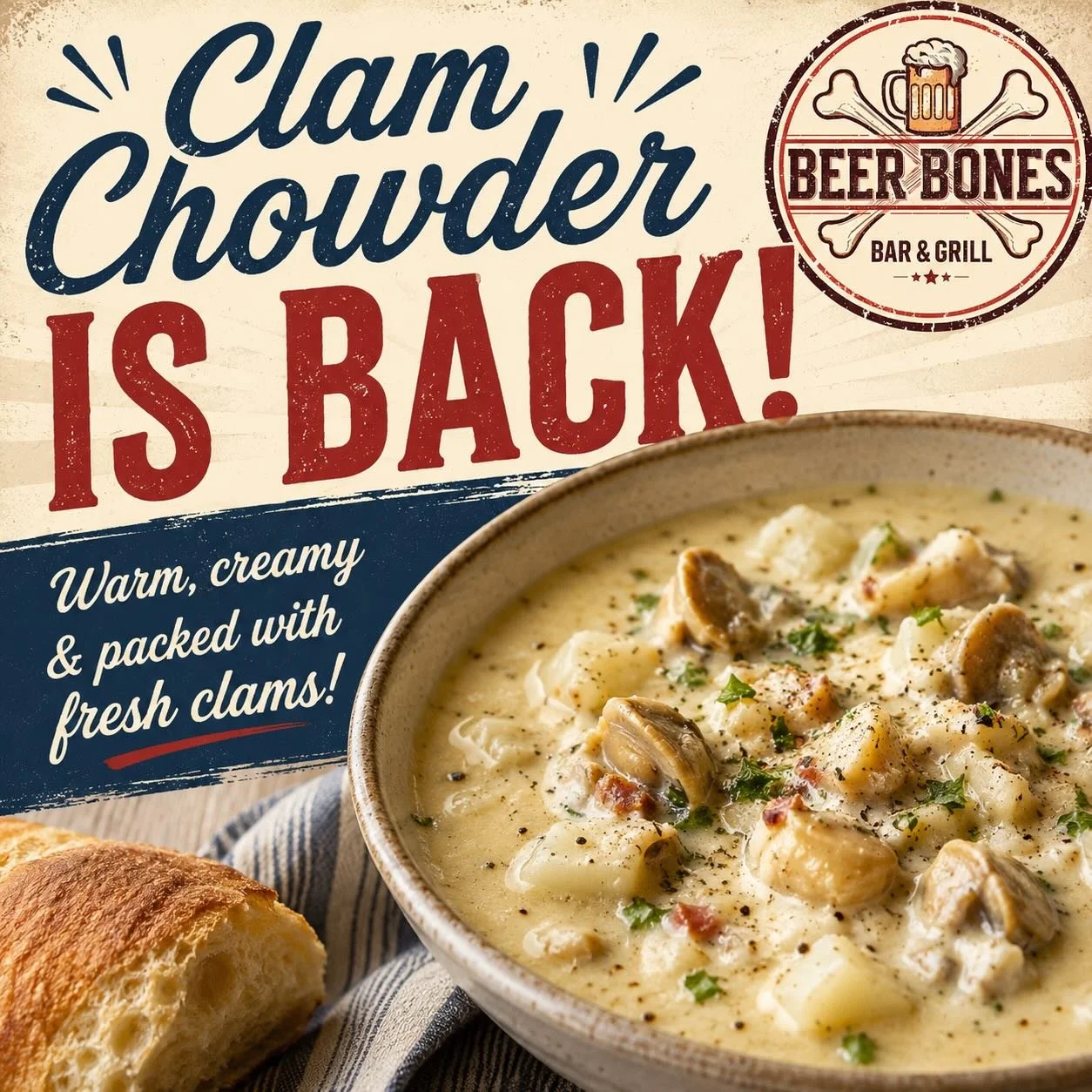 Come grab a bowl of clam chowder with us!🥣