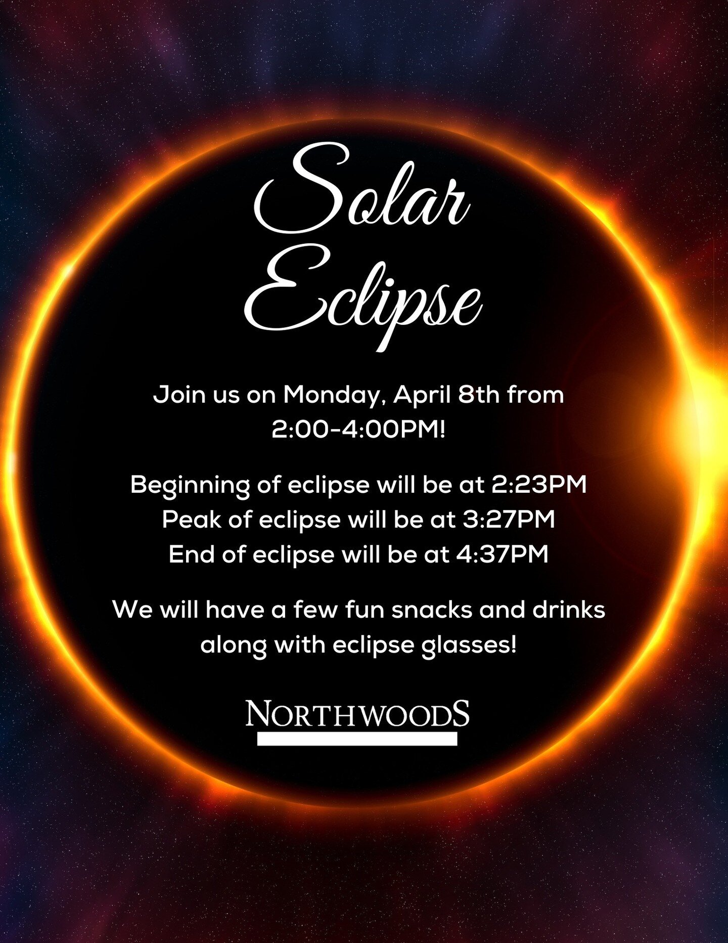 Join us on Monday, April 8th, to view the eclipse! Grab some snacks and drinks and make sure you wear one of our eclipse glasses for viewing! We can't wait to see you all there. ☀️🌑

#solareclipse #eclipse #residentevents #events #residents #lovewhe