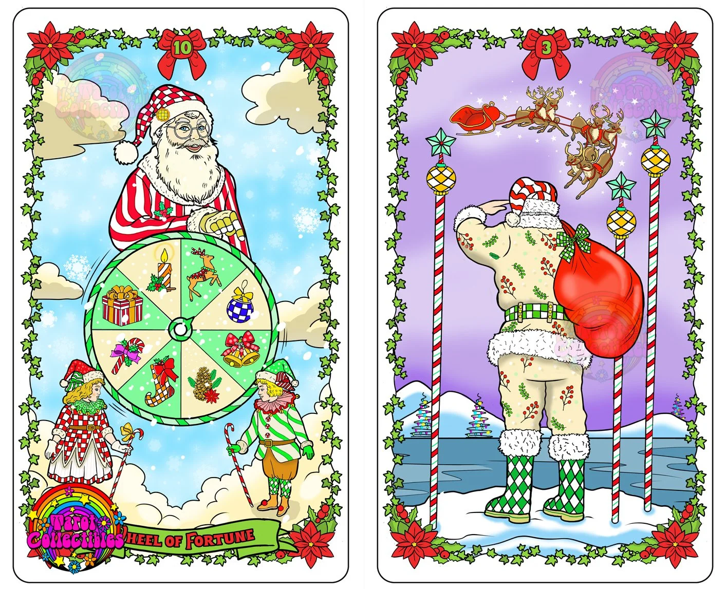 Wheel of Fortune and The Three of Wands From Waite's Wonderful Winterland Tarot