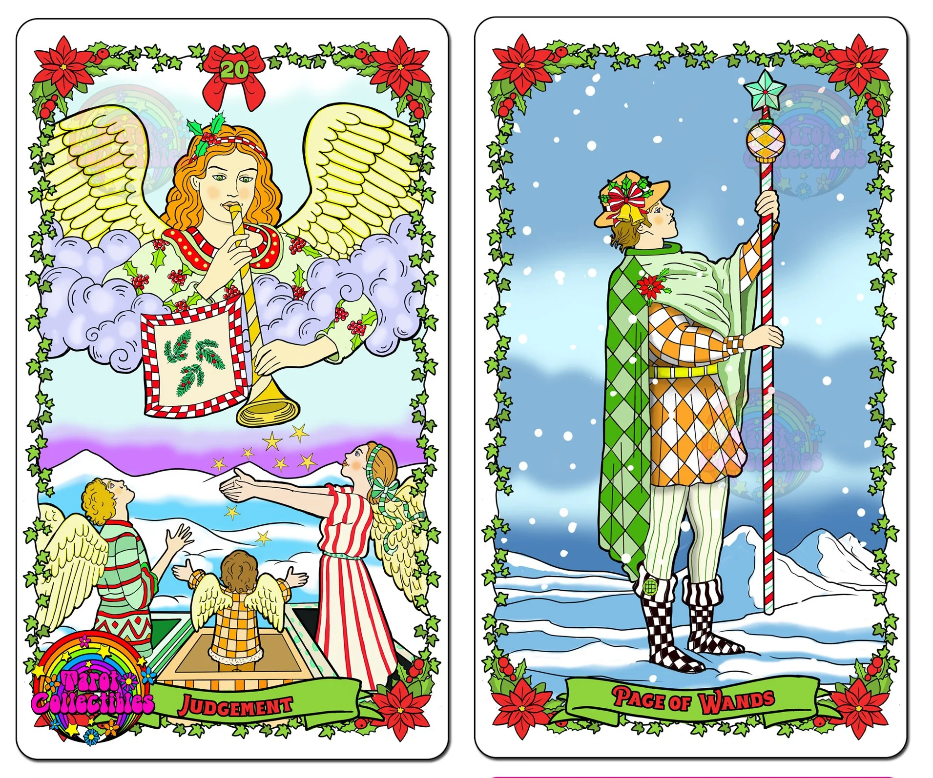 Waite's Wonderful Winterland Tarot's Jusgement and Page of Wands cards.