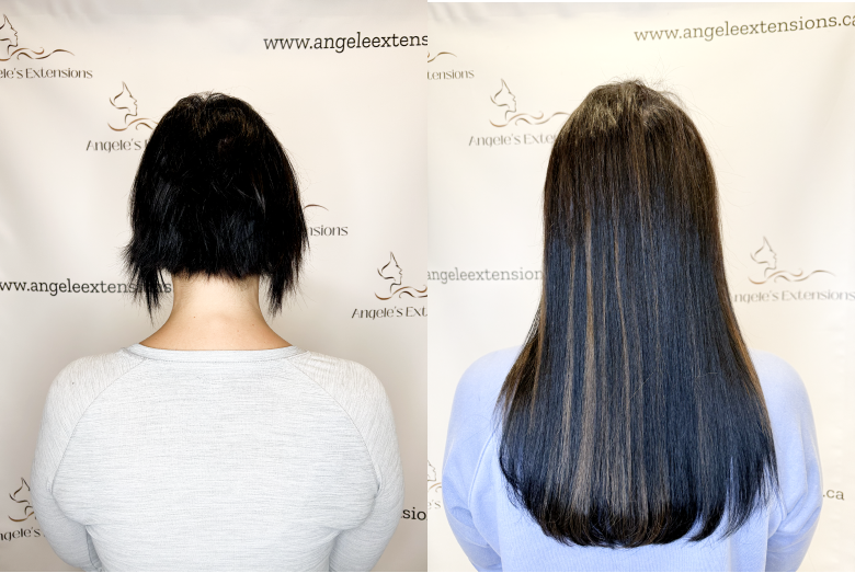 back of women's long brown hair, before and after hair extensions