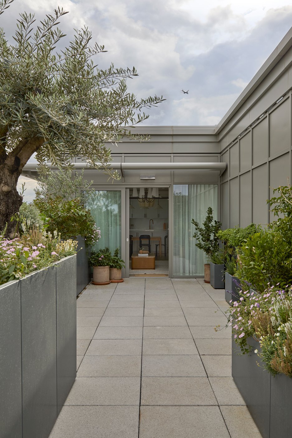 Planted apartment terrace with views across the London skyline and back into the living space.