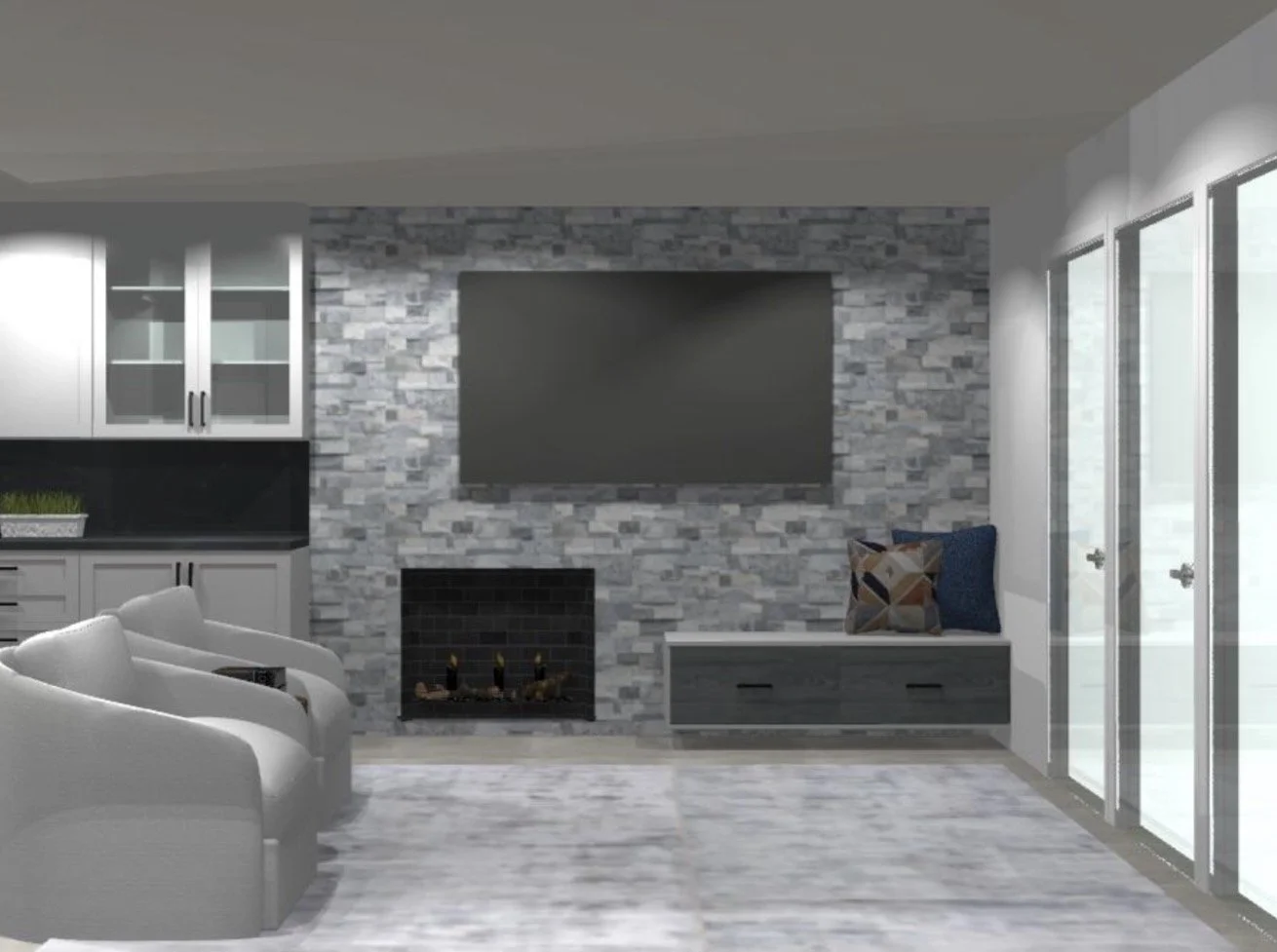 Living room rendering with gray stacked stone fireplace, wall mounted TV, white armchairs, sliding glass doors, and built-in floating cabinets.