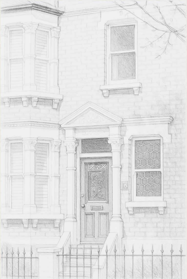 Sketch of an old Edwardian brick house facade featuring a front door, two bay windows, and a smaller window above the door, with decorative architectural details and a wrought iron fence in the front yard.