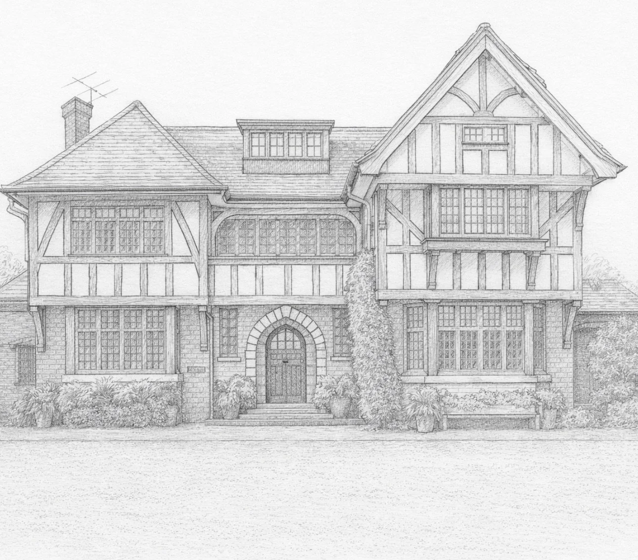 A detailed black-and-white sketch of a large, traditional house with multiple gables, large windows, and a central arched doorway surrounded by trees and shrubbery.