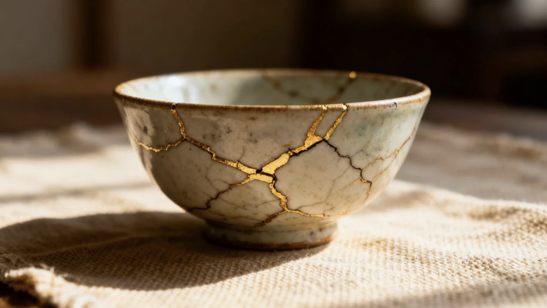 A small porcelain bowl with a crackled glaze and gold accents, sitting on a textured beige fabric surface.