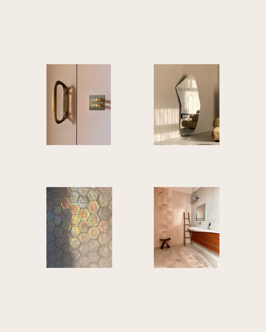 Four minimalist interior design photos arranged in a grid: a door handle with a lock, a curved mirror reflecting a sitting area, a hexagonal tile pattern, and a bathroom sink with a ladder and rug.