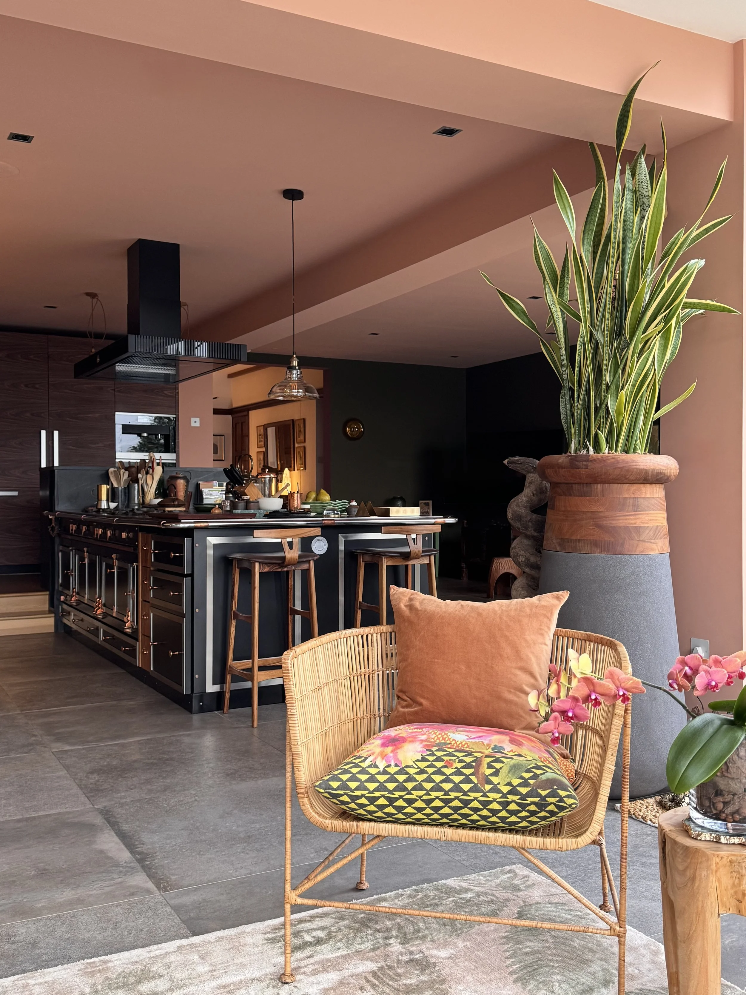 A cozy living room corner featuring a rattan armchair with a patterned cushion and an orange pillow, a small wooden side table with a potted orchid, large potted plant, and a modern kitchen in the background with a black island and hanging light fixtures.