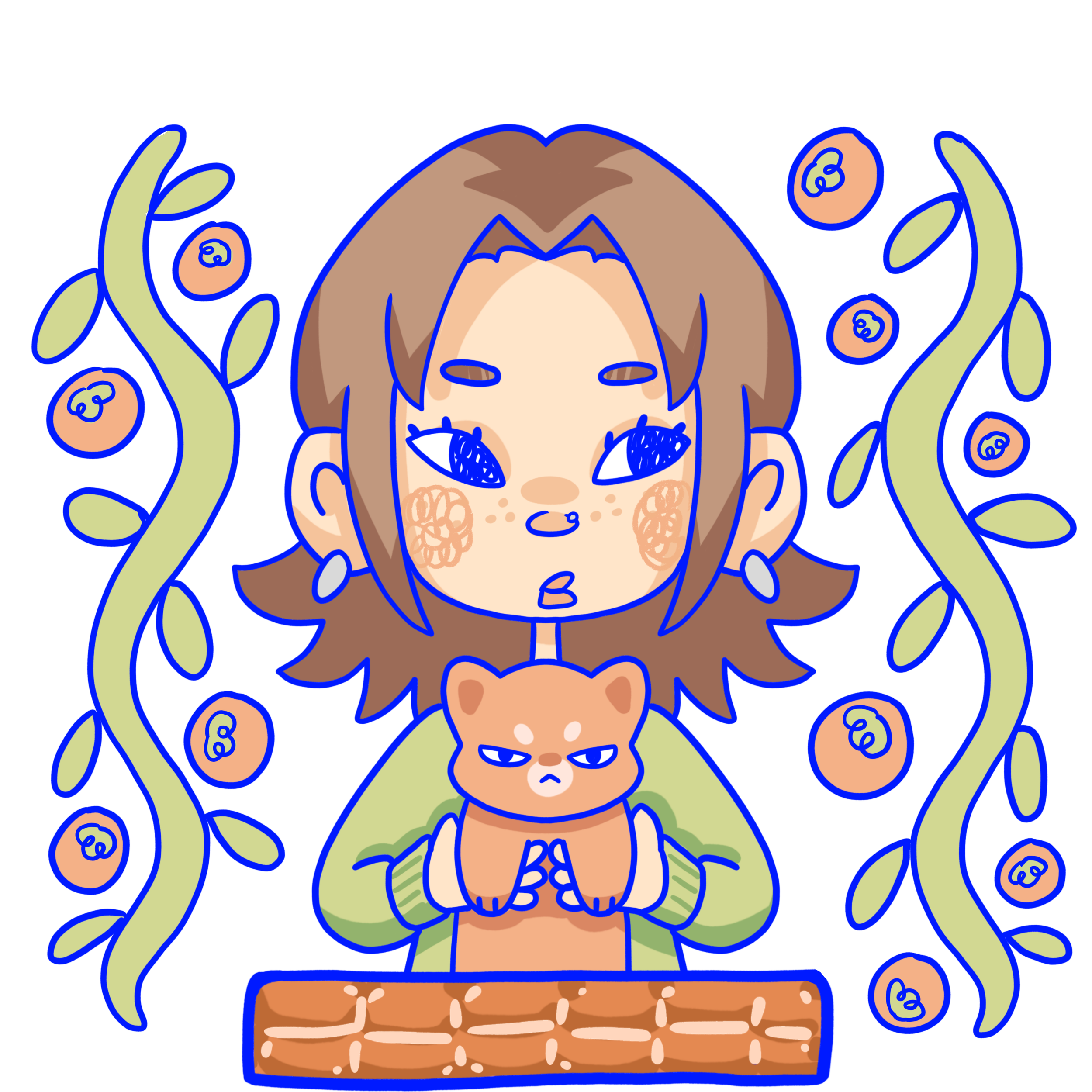 A cartoon illustration of a girl with brown hair and closed eyes, sitting at a table with a large cake in front of her. She is surrounded by green vines with orange flowers.