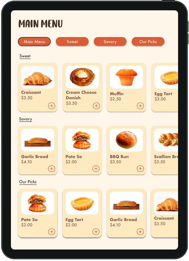 Digital menu displaying bakery items with categories for sweet, savory, and our picks, including croissant, cream cheese Danish, muffin, egg tart, garlic bread, pate so, BBQ bun, and scallion bread, with prices and add to cart buttons.