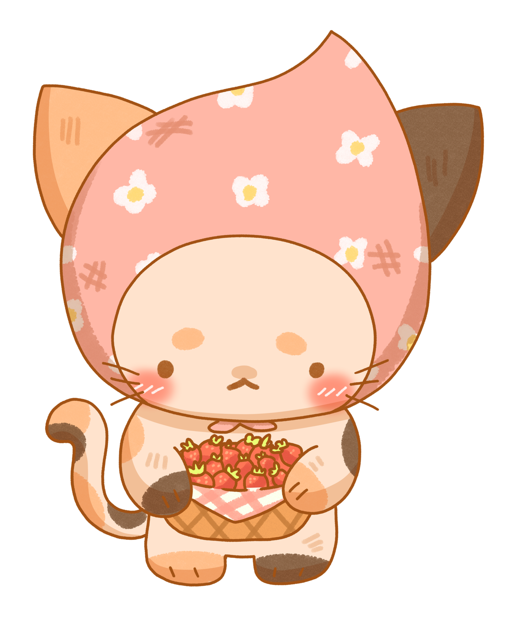 Sticker illustration of a cute cat dressed in a pink floral dress with strawberries, holding a bowl of strawberries.