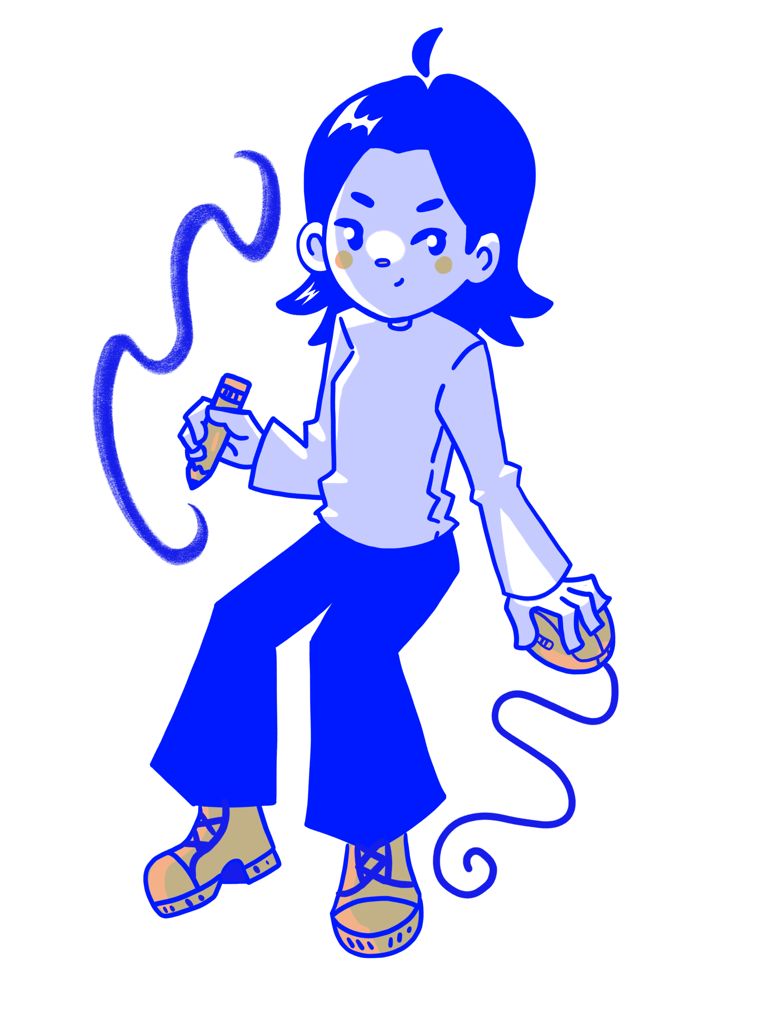 A cartoon girl with blue hair and yellow shoes, holding a pencil with a trail of color scribbled out, the other hand on a computer mouse.